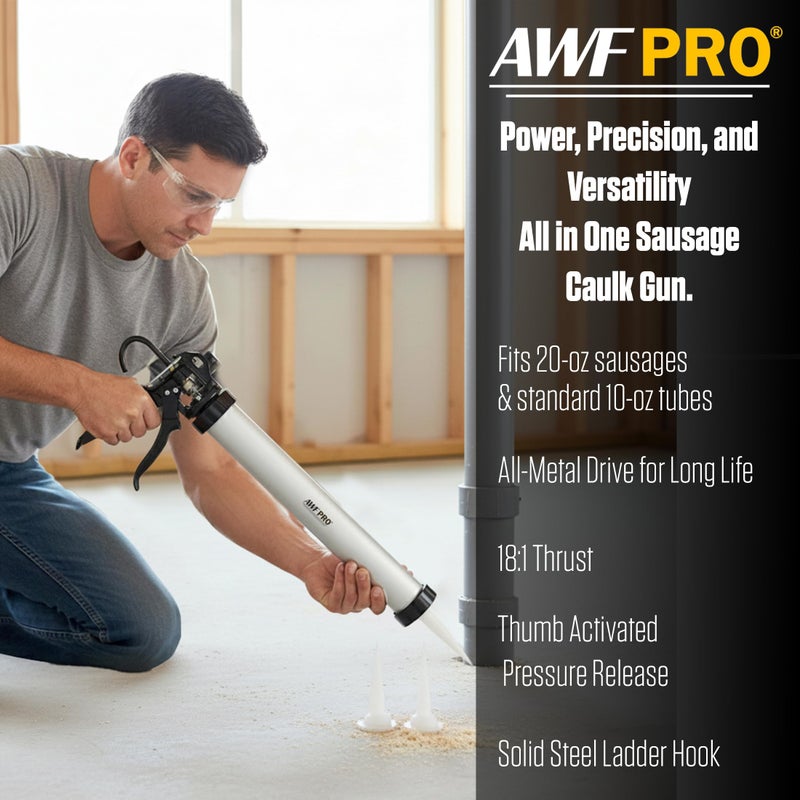 AWF PRO Sausage Caulking Gun, 20 oz Foil Pack and 10 oz Cartridge Convertible, 18:1 Thrust Ratio, Aluminum Barrel, Includes 3 Tips - Image 2